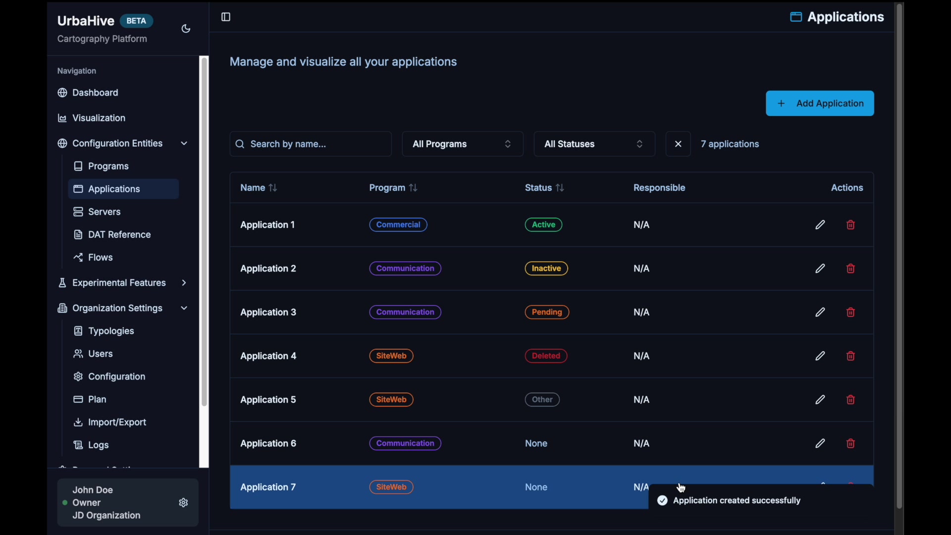 Inventaire applicatif dans UrbaHive : liste des applications du système d'information