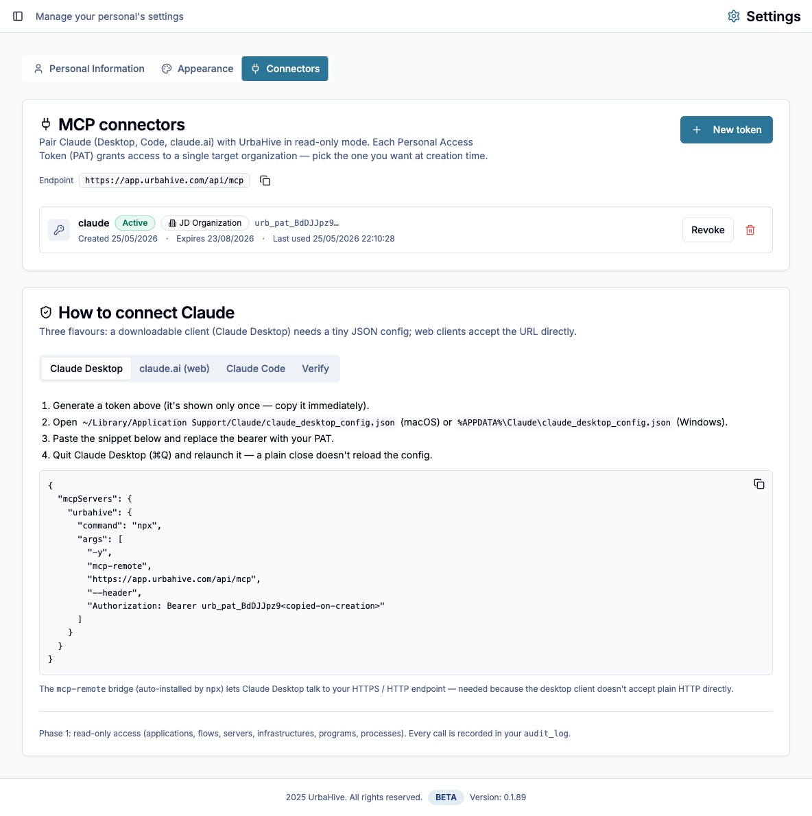 UrbaHive MCP connectors management screen: access tokens and Claude configuration
